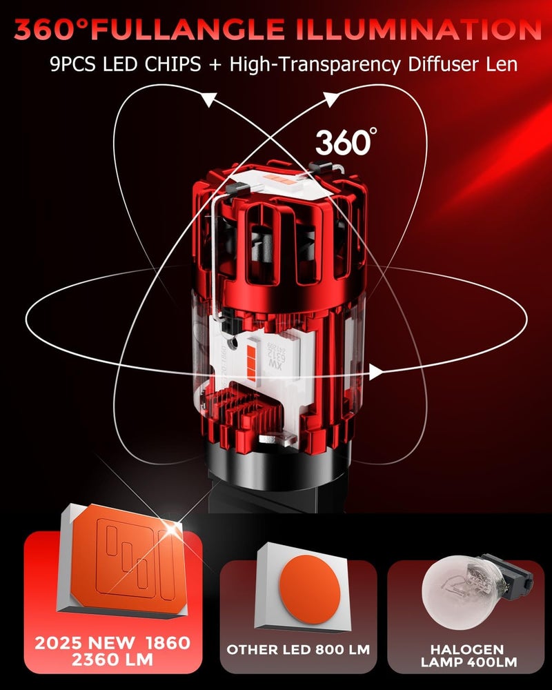 ZONBEAM 3157 P27/7W Red LED Brake Tail Light Bulbs, CANBUS Error Free,No Hyper Flash - 1860-SMD Chips Powerful & Super Bright with Cooling Fan - CK & Standard Socket Plug-and-Play - Image 5